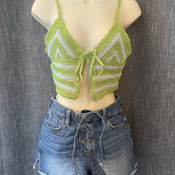 PACSUN Green and white Crochet Halter Top - Picture 2 of 5
